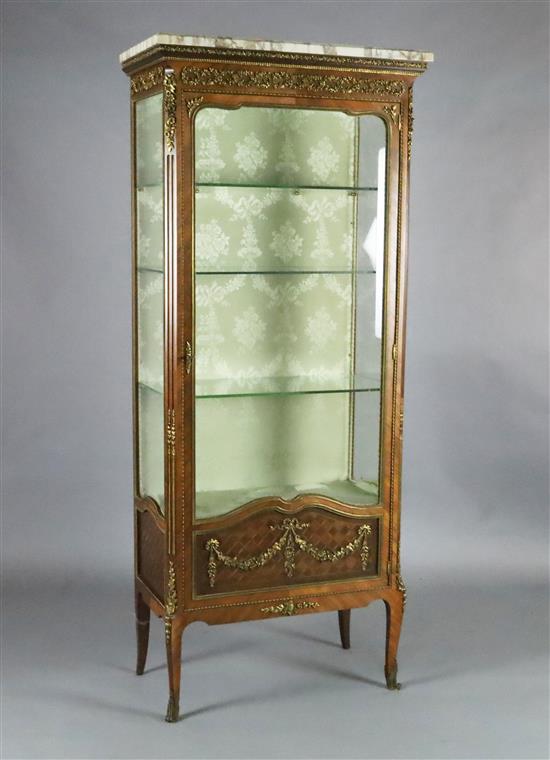 A late 19th century French Transitional style ormolu mounted kingwood and parquetry vitrine, in the manner of Linke, W.2ft 4in. D.1ft 3